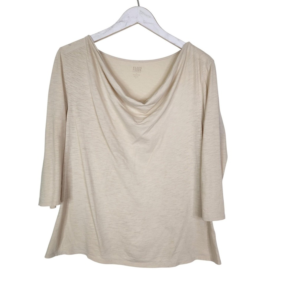 EILEEN FISHER x Garnet Hill Pajama Top Womens Small Beige Organic Cowl Sleepwear